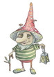 gnome dwarf with a lantern and a cane, Amanita on his head, watercolor fairy tale
