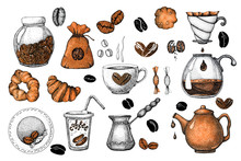 A Large Set Of Coffee Attributes: Cup, Grains, Turk, Kettle, Bag, Packaging, Funnel, Croissant, Drink, Glass, Can. Hand Drawn Watercolor And Graphic Illustration For Design Of Coffee Concept.