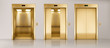 Golden lift doors. Office hallway with closed, half closed and open elevator cabins. Vector realistic empty interior with passenger or cargo lifts with button panel and floor indicator on wall
