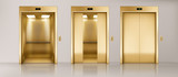 Fototapeta  - Golden lift doors. Office hallway with closed, half closed and open elevator cabins. Vector realistic empty interior with passenger or cargo lifts with button panel and floor indicator on wall