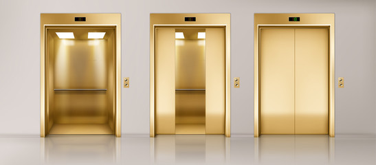 Golden lift doors. Office hallway with closed, half closed and open elevator cabins. Vector realistic empty interior with passenger or cargo lifts with button panel and floor indicator on wall