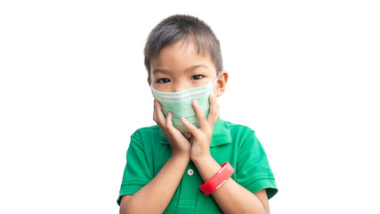 asian child boy wearing a protection mask against pm 2.5 air pollution. on a white background. envir