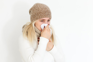 beautiful winter girl fell ill and coughing isolated closeup