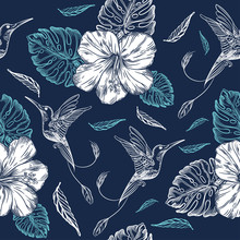 Seamless Pattern With Hummingbirds And Tropical Flowers