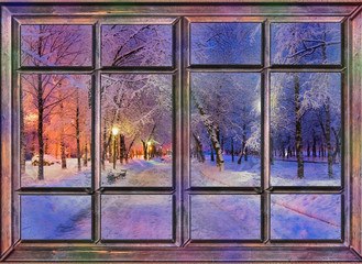 Wall Mural - frozen window view the night before christmas