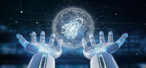 Poster - Cyborg hand holding a  start up rocket on a sphere 3d rendering