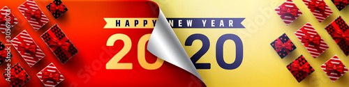 Fotografía 2020 Happy New Year Promotion Poster or banner with open gift wrap paper and gift box
