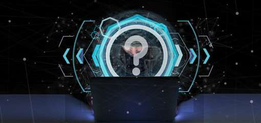 Poster - Hacker Man holding a Technology question mark icon on a circle 3d rendering