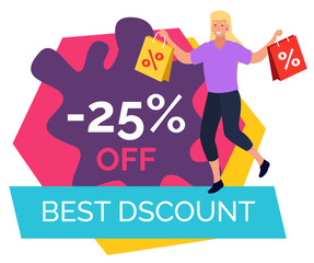 Wall Mural - Best discount, promotional banner in blot shape. Woman with purchases on 25 percent off price reduction. Promotion at shop for customers. Advertisements for clients and shoppers . Vector in flat