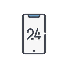 Fototapete - Mobile phone with 24 on display color line icon. Online support vector outline colorful sign.
