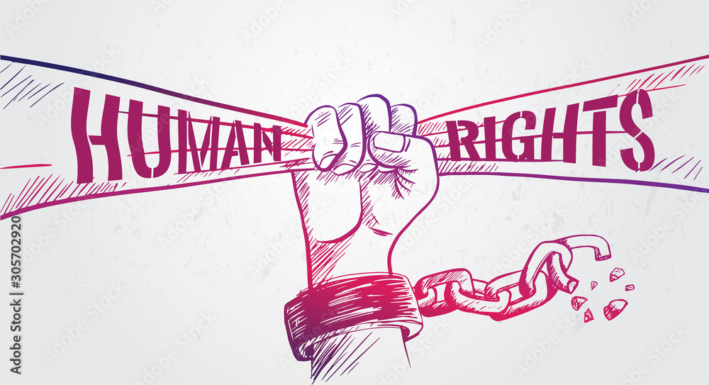 Single Hand Raised Human Rights Image Sketched Hand fist raise up holding ribbon and breaking chain ...