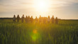 © Довидович Михаил - Silhouettes of a group of friends walking across a field in the sunset holding hands.
