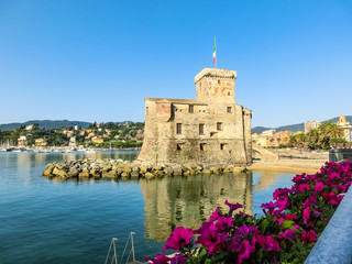 Wall Mural - italian castles on sea italian flag - castle of Rapallo , Liguria Genoa Tigullio gulf near Portofino Italy .