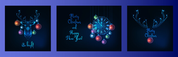 Wall Mural - Merry Christmas greeting card with glowing low polygonal deer head, decorative balls, wall clock