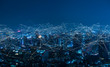 Leinwandbild Motiv Modern city with wireless network connection and city scape concept.Wireless network and Connection technology concept with city background at night.