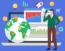 Business Worldwide Vector, Man Shouting In Megaphone Flat Style Character. Businessman Manager Of Company, Globe With Location Pointers. Icons Of Laptop And Data, Rocket And Cart Shopping Trolley