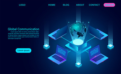 Data technology banner. Global communication Internet network around and data exchange over planet.