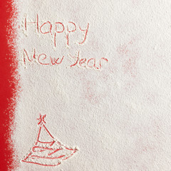 Wall Mural - Christmas tree on flour background. White flour looks like snow. Top view