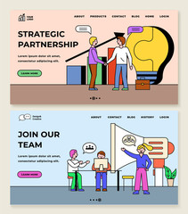 Join our team, strategic partnership pages. Set of sites with text. People working in office on new projects. Teamwork colleagues at workplace. Website or webpage template, flat style vector