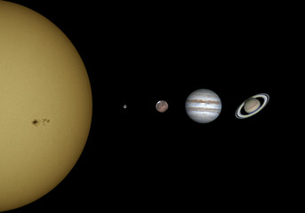 Wall Mural - just a representation of some planet of our solar system; sun (with its sunspot); moon; mars; jupite