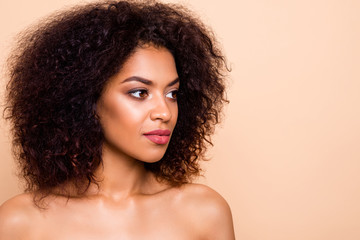 Wall Mural - Close-up portrait of her she nice-looking attractive fascinating adorable wavy-haired girl smooth soft silky tone cream bb cc anti age effect cream isolated over beige pastel background