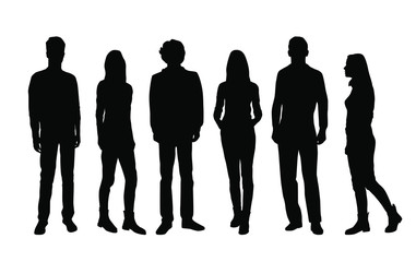vector silhouettes of men and a women, a group of standing and walking business people, black color 