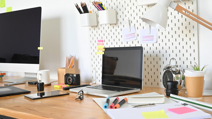Fototapete - Workspace computer with graphic designer table in real studio.