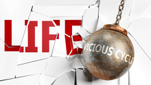 Vicious Cycle And Life - Pictured As A Word Vicious Cycle And A Wreck Ball To Symbolize That Vicious Cycle Can Have Bad Effect And Can Destroy Life, 3d Illustration