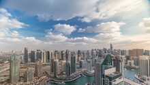 Dubai Marina Skyscrapers And Jumeirah Lake Towers View From The Top Aerial Timelapse In The United Arab Emirates.