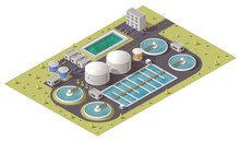 Wastewater Or Sewage Treatment Plant, Water Purification Facilities And Pumping Station Equipment Isometric Design. 3d Vector Icon Of Filtration Tank, Storage And Cleaning Reservoirs With Pipes