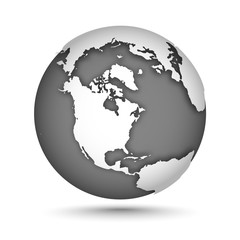 Wall Mural - Globe icon gray on white with smooth vector shadow and map of the continents in the northern hemisphere. White continent and gray water. Vector illustration