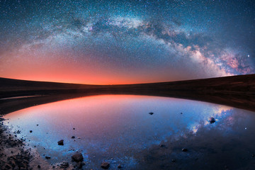  Beautiful panoramic milky way galaxy with reflection over the small lake.