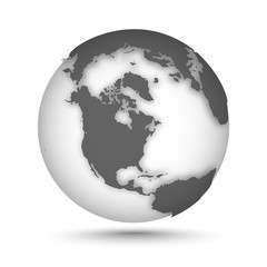 Wall Mural - Globe icon gray on white with smooth vector shadow and map of the continents in the northern hemisphere. North America Vector illustration
