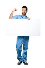 Wall Mural - Surgeon doctor man holding an empty placard