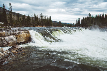 Wall Mural - waves and splashes of mountain river on background of forest and dramatic sky. forest river water la
