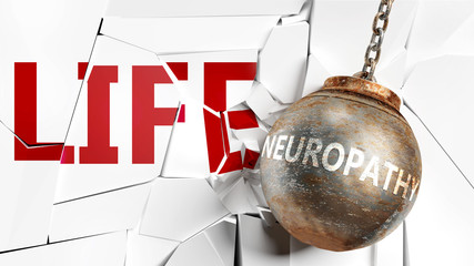 Wall Mural - Neuropathy and life - pictured as a word Neuropathy and a wreck ball to symbolize that Neuropathy can have bad effect and can destroy life, 3d illustration