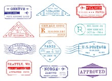 Airmail Postage Stamps With City And Dates, Vector Icons. Post Office Delivery And Customs Approval Stamps Of London In Britain, Seattle And New York In USA, Paris France And Geneva In Switzerland