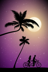 Sticker - Lovers on bike tandem under palm trees on moonlit night. Vector illustration with silhouettes of cyclists on palm beach. Family road trip. Full moon in starry sky