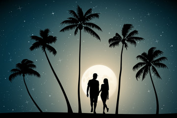 Sticker - Two lovers walk on palm beach on moonlit night. Vector illustration with silhouettes of loving couple and tropical trees. Full moon in starry sky