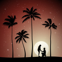 Sticker - Romantic marriage proposal on palm beach on moonlit night. Vector illustration with silhouettes of loving couple and tropical trees. Family creation. Full moon in starry sky