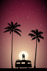 Sticker - Lovers on roof of retro car on moonlit night. Vector illustration with silhouette of couple on palm beach. Family road trip. Full moon in starry sky
