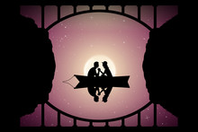 Lovers In Boat Under Bridge On Moonlit Night. Vector Illustration With Silhouette Of Loving Couple Reflected In Water. Full Moon In Starry Sky