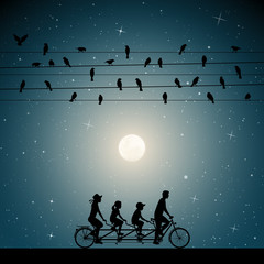 Sticker - Family on bike tandem under birds on wires on moonlit night. Vector illustration with silhouettes of people on road trip. Full moon in starry sky