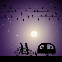 Sticker - Lovers on bike tandem under birds on wires on moonlit night. Vector illustration with silhouettes of people traveling with camper trailer. Family road trip. Full moon in starry sky