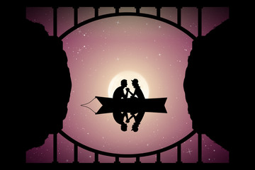 Sticker - lovers in boat under bridge on moonlit night. vector illustration with silhouette of loving couple r