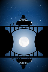 Sticker - Retro car on bridge on moonlit night. Vector illustration with silhouettes of woman and dog traveling in camper. Family road trip. Full moon in starry sky
