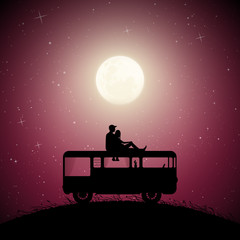 Sticker - lovers on roof of retro car on moonlit night. vector illustration with silhouette of couple on camps