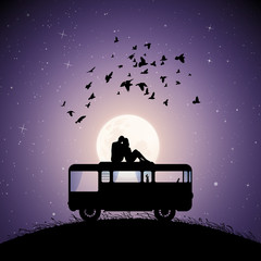 Sticker - lovers on roof of retro car on moonlit night. vector illustration with silhouette of couple sitting 