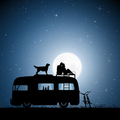 Sticker - lovers and dog on roof of retro car on moonlit night. vector illustration with silhouette of couple 