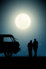 Sticker - Old lovers near retro car on moonlit night. Vector illustration with silhouette of elderly couple near camper. Family road trip. Full moon in starry sky